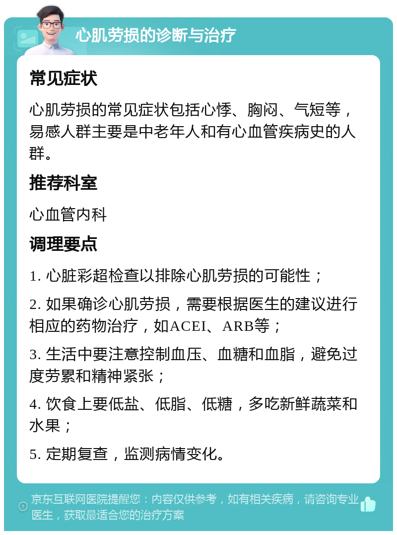 心肌劳损的诊断与治疗 常见症状 心肌劳损的常见症状包括心悸、胸闷、气短等，易感人群主要是中老年人和有心血管疾病史的人群。 推荐科室 心血管内科 调理要点 1. 心脏彩超检查以排除心肌劳损的可能性； 2. 如果确诊心肌劳损，需要根据医生的建议进行相应的药物治疗，如ACEI、ARB等； 3. 生活中要注意控制血压、血糖和血脂，避免过度劳累和精神紧张； 4. 饮食上要低盐、低脂、低糖，多吃新鲜蔬菜和水果； 5. 定期复查，监测病情变化。