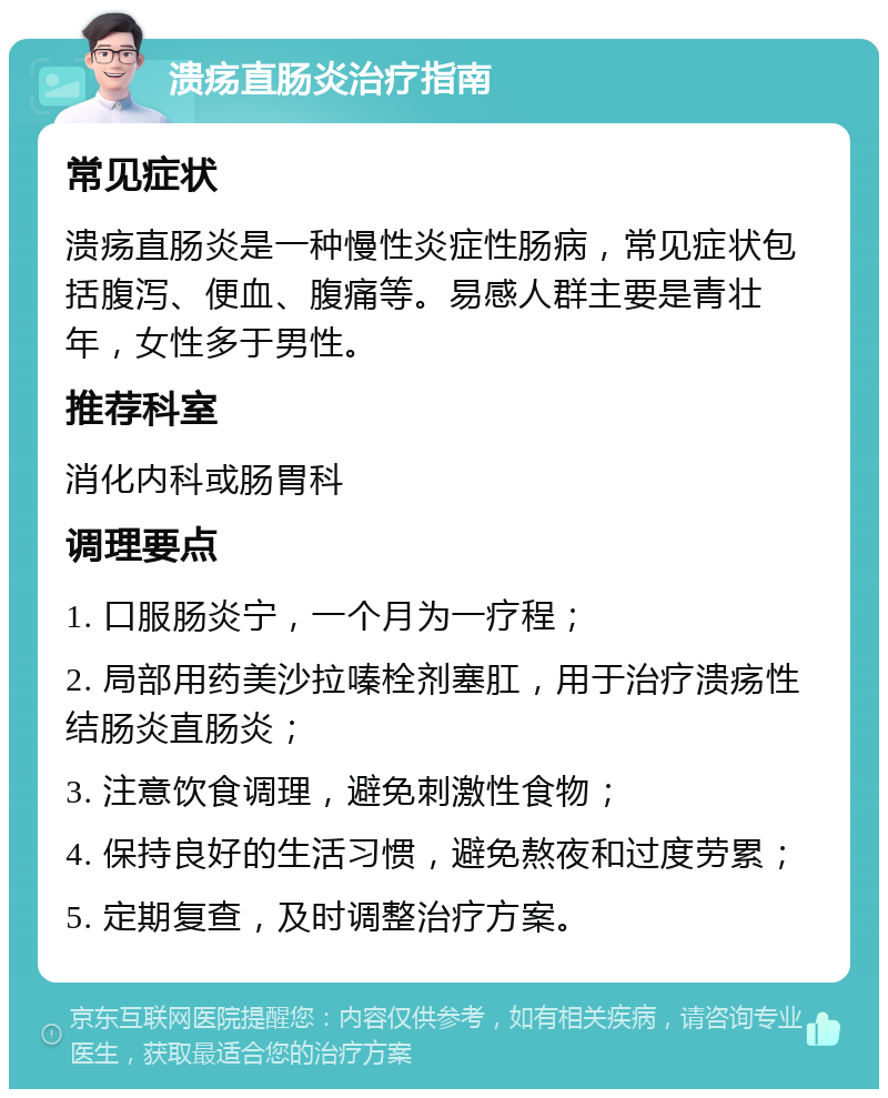 溃疡直肠炎治疗指南 常见症状 溃疡直肠炎是一种慢性炎症性肠病，常见症状包括腹泻、便血、腹痛等。易感人群主要是青壮年，女性多于男性。 推荐科室 消化内科或肠胃科 调理要点 1. 口服肠炎宁，一个月为一疗程； 2. 局部用药美沙拉嗪栓剂塞肛，用于治疗溃疡性结肠炎直肠炎； 3. 注意饮食调理，避免刺激性食物； 4. 保持良好的生活习惯，避免熬夜和过度劳累； 5. 定期复查，及时调整治疗方案。