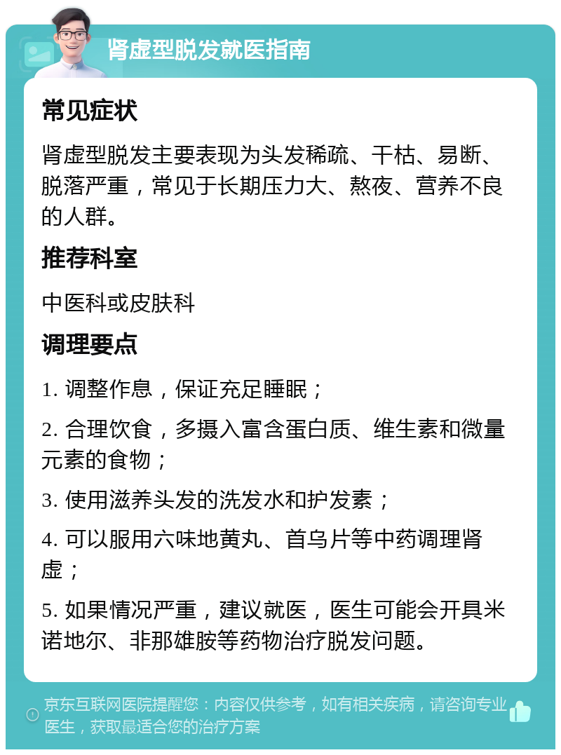 肾虚型脱发就医指南 常见症状 肾虚型脱发主要表现为头发稀疏、干枯、易断、脱落严重，常见于长期压力大、熬夜、营养不良的人群。 推荐科室 中医科或皮肤科 调理要点 1. 调整作息，保证充足睡眠； 2. 合理饮食，多摄入富含蛋白质、维生素和微量元素的食物； 3. 使用滋养头发的洗发水和护发素； 4. 可以服用六味地黄丸、首乌片等中药调理肾虚； 5. 如果情况严重，建议就医，医生可能会开具米诺地尔、非那雄胺等药物治疗脱发问题。