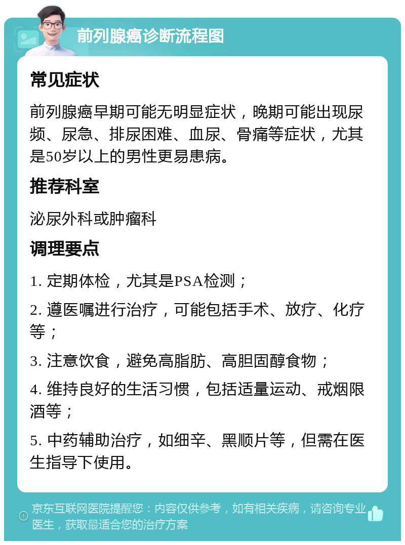 前列腺癌诊断流程图 常见症状 前列腺癌早期可能无明显症状，晚期可能出现尿频、尿急、排尿困难、血尿、骨痛等症状，尤其是50岁以上的男性更易患病。 推荐科室 泌尿外科或肿瘤科 调理要点 1. 定期体检，尤其是PSA检测； 2. 遵医嘱进行治疗，可能包括手术、放疗、化疗等； 3. 注意饮食，避免高脂肪、高胆固醇食物； 4. 维持良好的生活习惯，包括适量运动、戒烟限酒等； 5. 中药辅助治疗，如细辛、黑顺片等，但需在医生指导下使用。