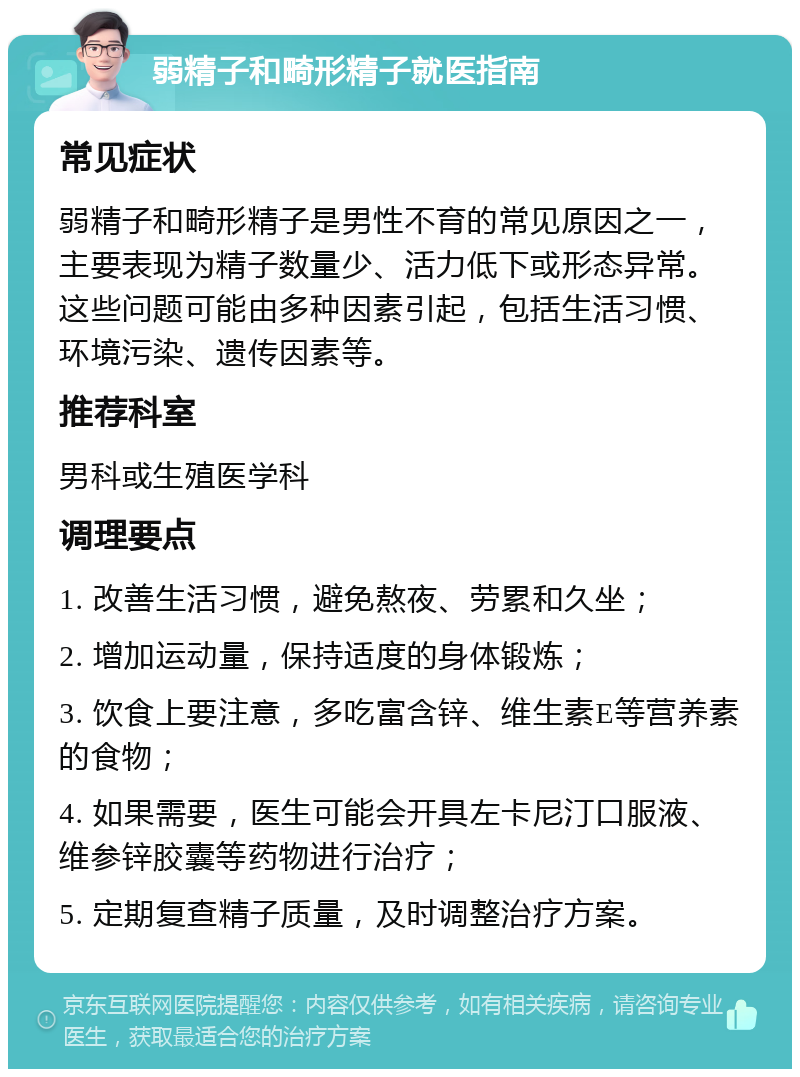 弱精子和畸形精子就医指南 常见症状 弱精子和畸形精子是男性不育的常见原因之一，主要表现为精子数量少、活力低下或形态异常。这些问题可能由多种因素引起，包括生活习惯、环境污染、遗传因素等。 推荐科室 男科或生殖医学科 调理要点 1. 改善生活习惯，避免熬夜、劳累和久坐； 2. 增加运动量，保持适度的身体锻炼； 3. 饮食上要注意，多吃富含锌、维生素E等营养素的食物； 4. 如果需要，医生可能会开具左卡尼汀口服液、维参锌胶囊等药物进行治疗； 5. 定期复查精子质量，及时调整治疗方案。