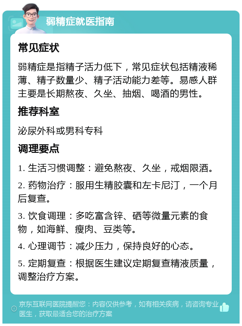 弱精症就医指南 常见症状 弱精症是指精子活力低下，常见症状包括精液稀薄、精子数量少、精子活动能力差等。易感人群主要是长期熬夜、久坐、抽烟、喝酒的男性。 推荐科室 泌尿外科或男科专科 调理要点 1. 生活习惯调整：避免熬夜、久坐，戒烟限酒。 2. 药物治疗：服用生精胶囊和左卡尼汀，一个月后复查。 3. 饮食调理：多吃富含锌、硒等微量元素的食物，如海鲜、瘦肉、豆类等。 4. 心理调节：减少压力，保持良好的心态。 5. 定期复查：根据医生建议定期复查精液质量，调整治疗方案。