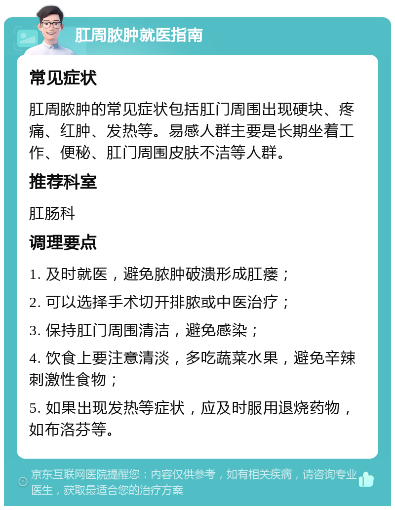 肛周脓肿就医指南 常见症状 肛周脓肿的常见症状包括肛门周围出现硬块、疼痛、红肿、发热等。易感人群主要是长期坐着工作、便秘、肛门周围皮肤不洁等人群。 推荐科室 肛肠科 调理要点 1. 及时就医，避免脓肿破溃形成肛瘘； 2. 可以选择手术切开排脓或中医治疗； 3. 保持肛门周围清洁，避免感染； 4. 饮食上要注意清淡，多吃蔬菜水果，避免辛辣刺激性食物； 5. 如果出现发热等症状，应及时服用退烧药物，如布洛芬等。