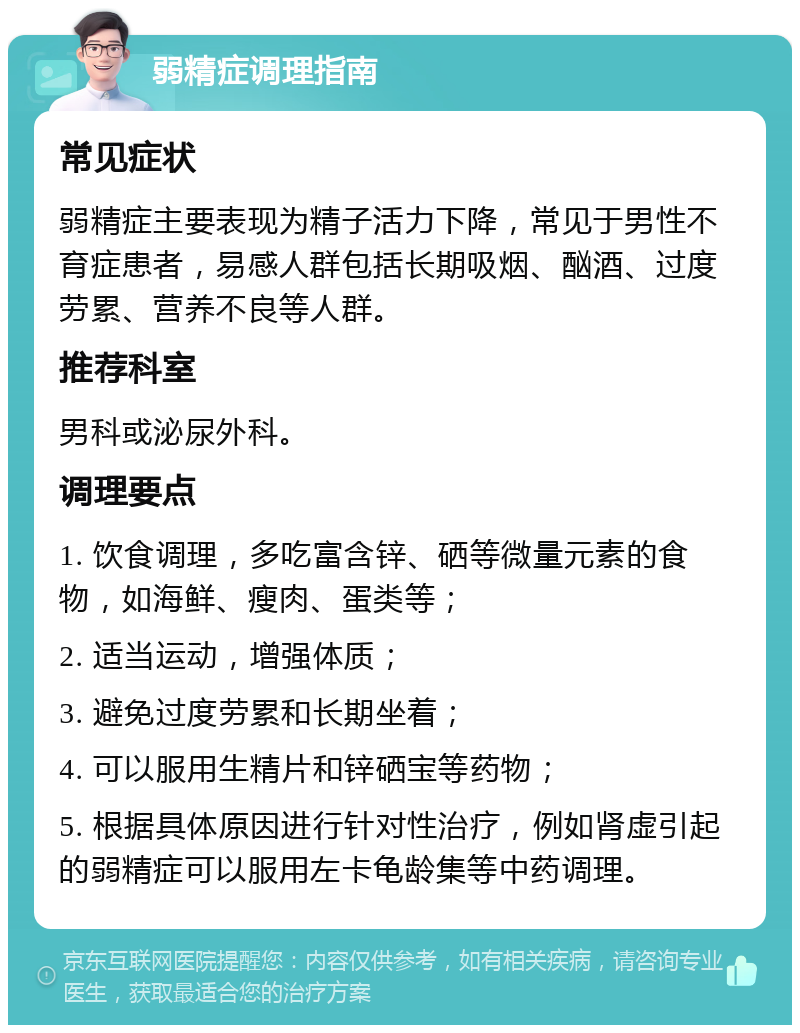 弱精症调理指南 常见症状 弱精症主要表现为精子活力下降，常见于男性不育症患者，易感人群包括长期吸烟、酗酒、过度劳累、营养不良等人群。 推荐科室 男科或泌尿外科。 调理要点 1. 饮食调理，多吃富含锌、硒等微量元素的食物，如海鲜、瘦肉、蛋类等； 2. 适当运动，增强体质； 3. 避免过度劳累和长期坐着； 4. 可以服用生精片和锌硒宝等药物； 5. 根据具体原因进行针对性治疗，例如肾虚引起的弱精症可以服用左卡龟龄集等中药调理。