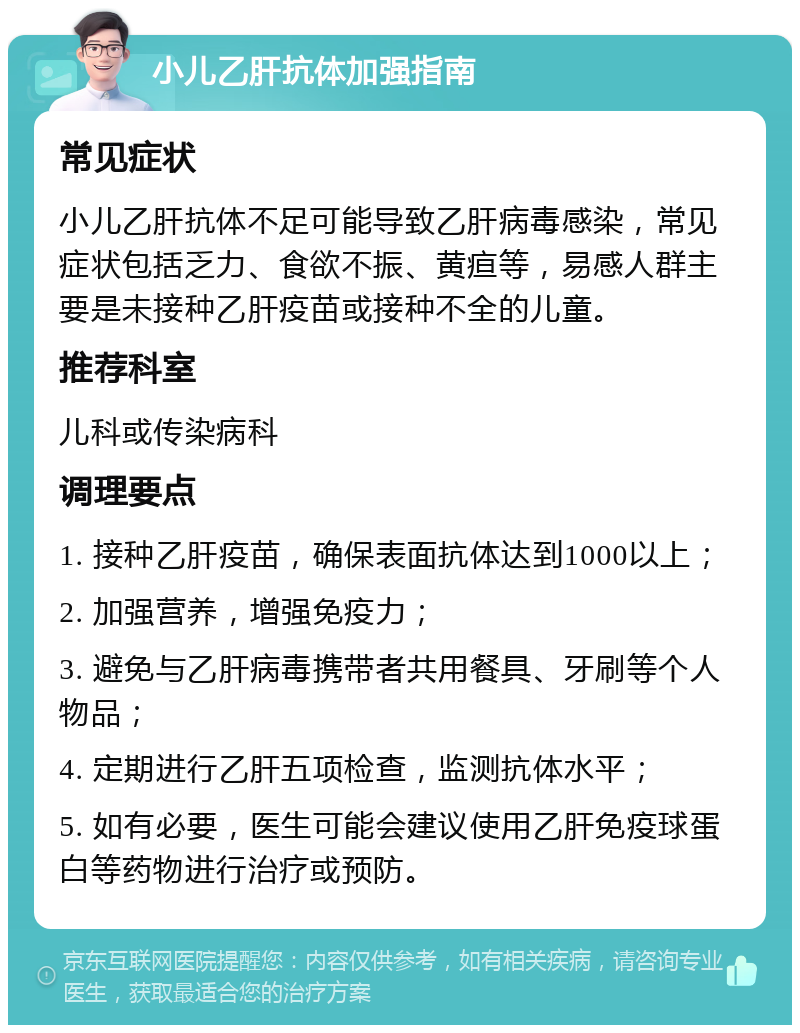 小儿乙肝抗体加强指南 常见症状 小儿乙肝抗体不足可能导致乙肝病毒感染，常见症状包括乏力、食欲不振、黄疸等，易感人群主要是未接种乙肝疫苗或接种不全的儿童。 推荐科室 儿科或传染病科 调理要点 1. 接种乙肝疫苗，确保表面抗体达到1000以上； 2. 加强营养，增强免疫力； 3. 避免与乙肝病毒携带者共用餐具、牙刷等个人物品； 4. 定期进行乙肝五项检查，监测抗体水平； 5. 如有必要，医生可能会建议使用乙肝免疫球蛋白等药物进行治疗或预防。