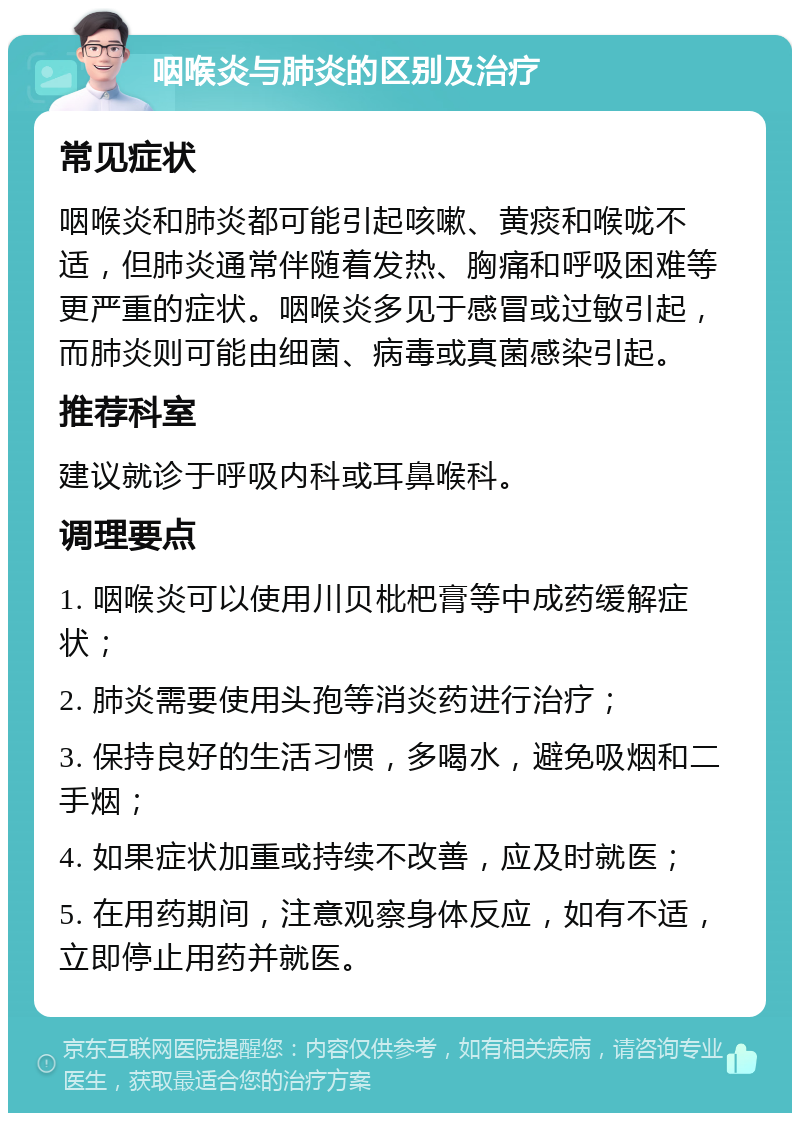 咽喉炎与肺炎的区别及治疗 常见症状 咽喉炎和肺炎都可能引起咳嗽、黄痰和喉咙不适，但肺炎通常伴随着发热、胸痛和呼吸困难等更严重的症状。咽喉炎多见于感冒或过敏引起，而肺炎则可能由细菌、病毒或真菌感染引起。 推荐科室 建议就诊于呼吸内科或耳鼻喉科。 调理要点 1. 咽喉炎可以使用川贝枇杷膏等中成药缓解症状； 2. 肺炎需要使用头孢等消炎药进行治疗； 3. 保持良好的生活习惯，多喝水，避免吸烟和二手烟； 4. 如果症状加重或持续不改善，应及时就医； 5. 在用药期间，注意观察身体反应，如有不适，立即停止用药并就医。