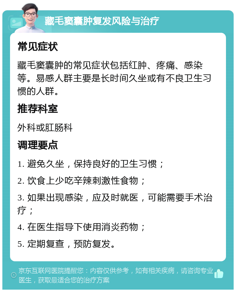 藏毛窦囊肿复发风险与治疗 常见症状 藏毛窦囊肿的常见症状包括红肿、疼痛、感染等。易感人群主要是长时间久坐或有不良卫生习惯的人群。 推荐科室 外科或肛肠科 调理要点 1. 避免久坐，保持良好的卫生习惯； 2. 饮食上少吃辛辣刺激性食物； 3. 如果出现感染，应及时就医，可能需要手术治疗； 4. 在医生指导下使用消炎药物； 5. 定期复查，预防复发。