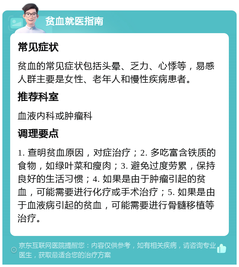 贫血就医指南 常见症状 贫血的常见症状包括头晕、乏力、心悸等，易感人群主要是女性、老年人和慢性疾病患者。 推荐科室 血液内科或肿瘤科 调理要点 1. 查明贫血原因，对症治疗；2. 多吃富含铁质的食物，如绿叶菜和瘦肉；3. 避免过度劳累，保持良好的生活习惯；4. 如果是由于肿瘤引起的贫血，可能需要进行化疗或手术治疗；5. 如果是由于血液病引起的贫血，可能需要进行骨髓移植等治疗。