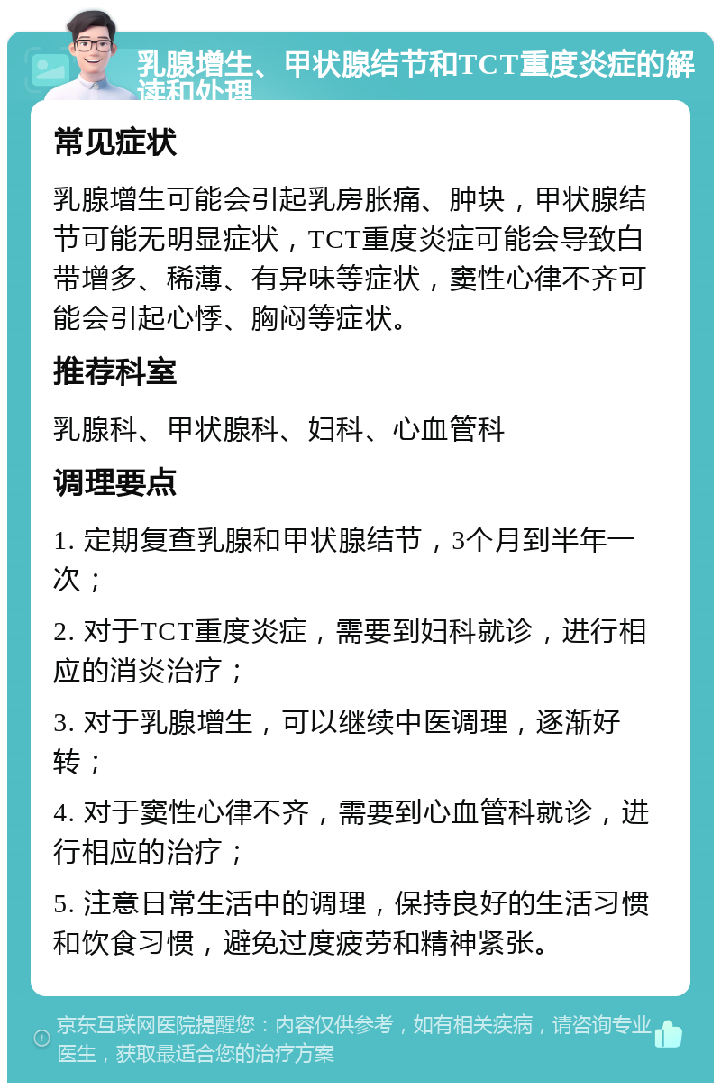 乳腺增生、甲状腺结节和TCT重度炎症的解读和处理 常见症状 乳腺增生可能会引起乳房胀痛、肿块，甲状腺结节可能无明显症状，TCT重度炎症可能会导致白带增多、稀薄、有异味等症状，窦性心律不齐可能会引起心悸、胸闷等症状。 推荐科室 乳腺科、甲状腺科、妇科、心血管科 调理要点 1. 定期复查乳腺和甲状腺结节，3个月到半年一次； 2. 对于TCT重度炎症，需要到妇科就诊，进行相应的消炎治疗； 3. 对于乳腺增生，可以继续中医调理，逐渐好转； 4. 对于窦性心律不齐，需要到心血管科就诊，进行相应的治疗； 5. 注意日常生活中的调理，保持良好的生活习惯和饮食习惯，避免过度疲劳和精神紧张。