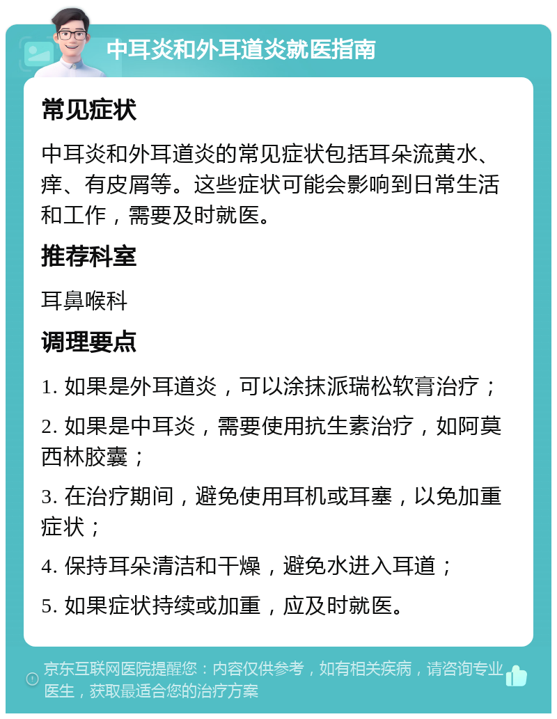 中耳炎和外耳道炎就医指南 常见症状 中耳炎和外耳道炎的常见症状包括耳朵流黄水、痒、有皮屑等。这些症状可能会影响到日常生活和工作，需要及时就医。 推荐科室 耳鼻喉科 调理要点 1. 如果是外耳道炎，可以涂抹派瑞松软膏治疗； 2. 如果是中耳炎，需要使用抗生素治疗，如阿莫西林胶囊； 3. 在治疗期间，避免使用耳机或耳塞，以免加重症状； 4. 保持耳朵清洁和干燥，避免水进入耳道； 5. 如果症状持续或加重，应及时就医。