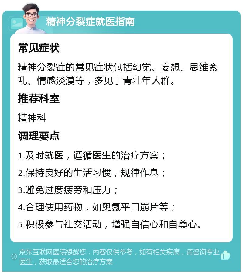 精神分裂症就医指南 常见症状 精神分裂症的常见症状包括幻觉、妄想、思维紊乱、情感淡漠等，多见于青壮年人群。 推荐科室 精神科 调理要点 1.及时就医，遵循医生的治疗方案； 2.保持良好的生活习惯，规律作息； 3.避免过度疲劳和压力； 4.合理使用药物，如奥氮平口崩片等； 5.积极参与社交活动，增强自信心和自尊心。