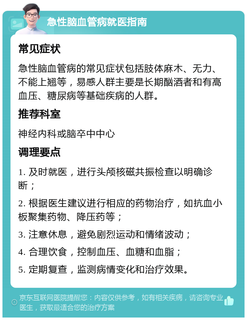 急性脑血管病就医指南 常见症状 急性脑血管病的常见症状包括肢体麻木、无力、不能上翘等，易感人群主要是长期酗酒者和有高血压、糖尿病等基础疾病的人群。 推荐科室 神经内科或脑卒中中心 调理要点 1. 及时就医，进行头颅核磁共振检查以明确诊断； 2. 根据医生建议进行相应的药物治疗，如抗血小板聚集药物、降压药等； 3. 注意休息，避免剧烈运动和情绪波动； 4. 合理饮食，控制血压、血糖和血脂； 5. 定期复查，监测病情变化和治疗效果。