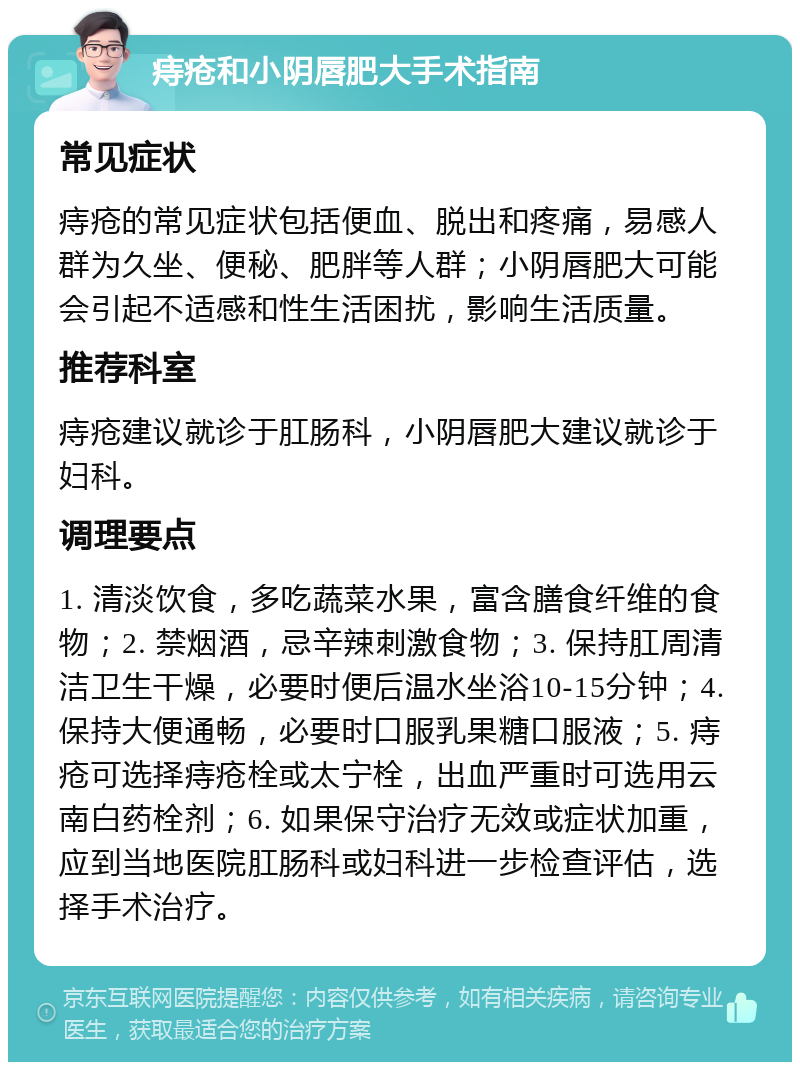 痔疮和小阴唇肥大手术指南 常见症状 痔疮的常见症状包括便血、脱出和疼痛，易感人群为久坐、便秘、肥胖等人群；小阴唇肥大可能会引起不适感和性生活困扰，影响生活质量。 推荐科室 痔疮建议就诊于肛肠科，小阴唇肥大建议就诊于妇科。 调理要点 1. 清淡饮食，多吃蔬菜水果，富含膳食纤维的食物；2. 禁烟酒，忌辛辣刺激食物；3. 保持肛周清洁卫生干燥，必要时便后温水坐浴10-15分钟；4. 保持大便通畅，必要时口服乳果糖口服液；5. 痔疮可选择痔疮栓或太宁栓，出血严重时可选用云南白药栓剂；6. 如果保守治疗无效或症状加重，应到当地医院肛肠科或妇科进一步检查评估，选择手术治疗。