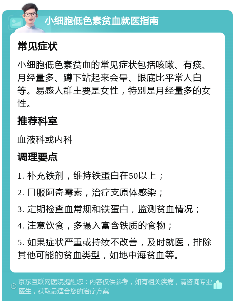 小细胞低色素贫血就医指南 常见症状 小细胞低色素贫血的常见症状包括咳嗽、有痰、月经量多、蹲下站起来会晕、眼底比平常人白等。易感人群主要是女性，特别是月经量多的女性。 推荐科室 血液科或内科 调理要点 1. 补充铁剂，维持铁蛋白在50以上； 2. 口服阿奇霉素，治疗支原体感染； 3. 定期检查血常规和铁蛋白，监测贫血情况； 4. 注意饮食，多摄入富含铁质的食物； 5. 如果症状严重或持续不改善，及时就医，排除其他可能的贫血类型，如地中海贫血等。