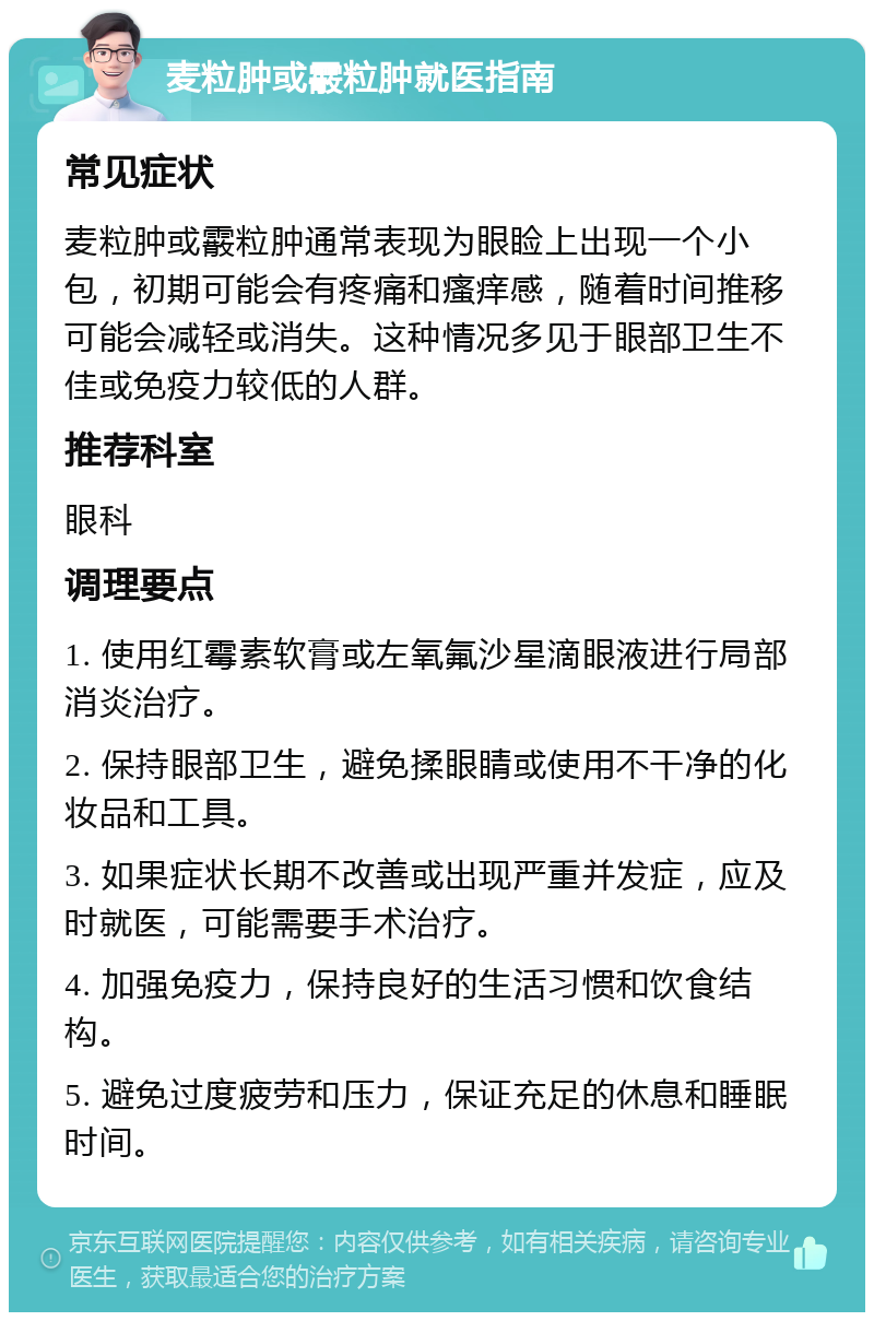 麦粒肿或霰粒肿就医指南 常见症状 麦粒肿或霰粒肿通常表现为眼睑上出现一个小包，初期可能会有疼痛和瘙痒感，随着时间推移可能会减轻或消失。这种情况多见于眼部卫生不佳或免疫力较低的人群。 推荐科室 眼科 调理要点 1. 使用红霉素软膏或左氧氟沙星滴眼液进行局部消炎治疗。 2. 保持眼部卫生，避免揉眼睛或使用不干净的化妆品和工具。 3. 如果症状长期不改善或出现严重并发症，应及时就医，可能需要手术治疗。 4. 加强免疫力，保持良好的生活习惯和饮食结构。 5. 避免过度疲劳和压力，保证充足的休息和睡眠时间。