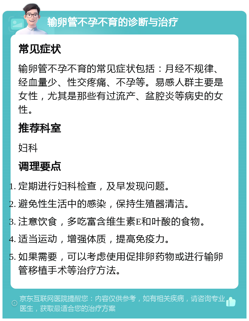 输卵管不孕不育的诊断与治疗 常见症状 输卵管不孕不育的常见症状包括：月经不规律、经血量少、性交疼痛、不孕等。易感人群主要是女性，尤其是那些有过流产、盆腔炎等病史的女性。 推荐科室 妇科 调理要点 定期进行妇科检查，及早发现问题。 避免性生活中的感染，保持生殖器清洁。 注意饮食，多吃富含维生素E和叶酸的食物。 适当运动，增强体质，提高免疫力。 如果需要，可以考虑使用促排卵药物或进行输卵管移植手术等治疗方法。