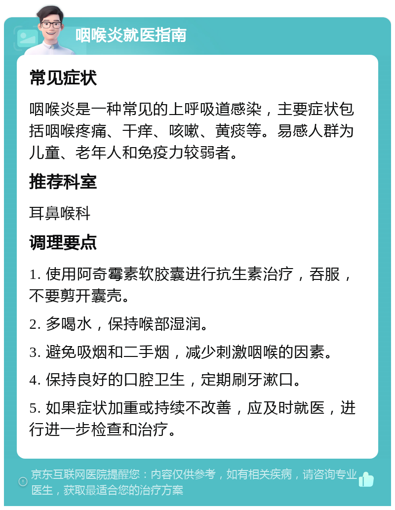 咽喉炎就医指南 常见症状 咽喉炎是一种常见的上呼吸道感染，主要症状包括咽喉疼痛、干痒、咳嗽、黄痰等。易感人群为儿童、老年人和免疫力较弱者。 推荐科室 耳鼻喉科 调理要点 1. 使用阿奇霉素软胶囊进行抗生素治疗，吞服，不要剪开囊壳。 2. 多喝水，保持喉部湿润。 3. 避免吸烟和二手烟，减少刺激咽喉的因素。 4. 保持良好的口腔卫生，定期刷牙漱口。 5. 如果症状加重或持续不改善，应及时就医，进行进一步检查和治疗。