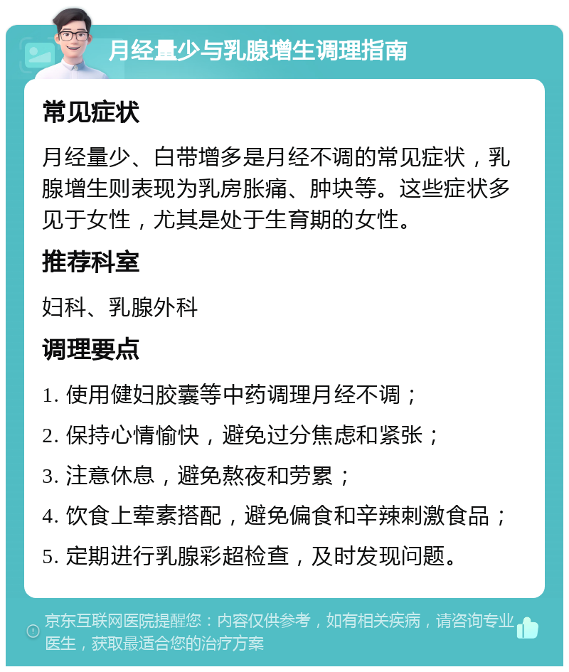 月经量少与乳腺增生调理指南 常见症状 月经量少、白带增多是月经不调的常见症状，乳腺增生则表现为乳房胀痛、肿块等。这些症状多见于女性，尤其是处于生育期的女性。 推荐科室 妇科、乳腺外科 调理要点 1. 使用健妇胶囊等中药调理月经不调； 2. 保持心情愉快，避免过分焦虑和紧张； 3. 注意休息，避免熬夜和劳累； 4. 饮食上荤素搭配，避免偏食和辛辣刺激食品； 5. 定期进行乳腺彩超检查，及时发现问题。