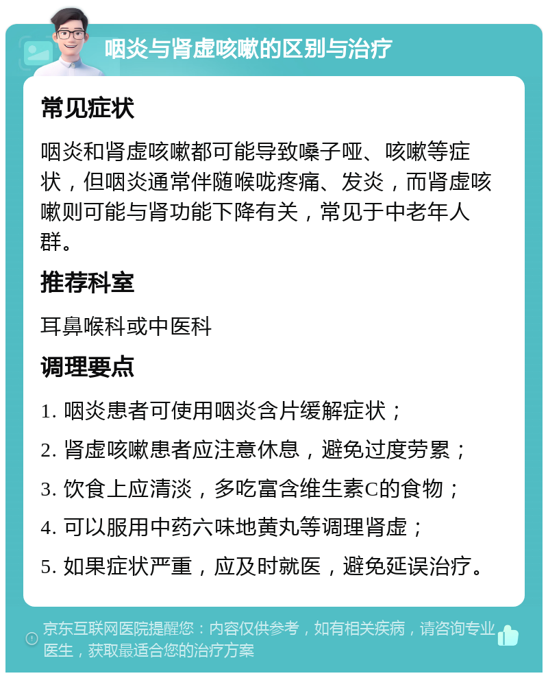 咽炎与肾虚咳嗽的区别与治疗 常见症状 咽炎和肾虚咳嗽都可能导致嗓子哑、咳嗽等症状，但咽炎通常伴随喉咙疼痛、发炎，而肾虚咳嗽则可能与肾功能下降有关，常见于中老年人群。 推荐科室 耳鼻喉科或中医科 调理要点 1. 咽炎患者可使用咽炎含片缓解症状； 2. 肾虚咳嗽患者应注意休息，避免过度劳累； 3. 饮食上应清淡，多吃富含维生素C的食物； 4. 可以服用中药六味地黄丸等调理肾虚； 5. 如果症状严重，应及时就医，避免延误治疗。