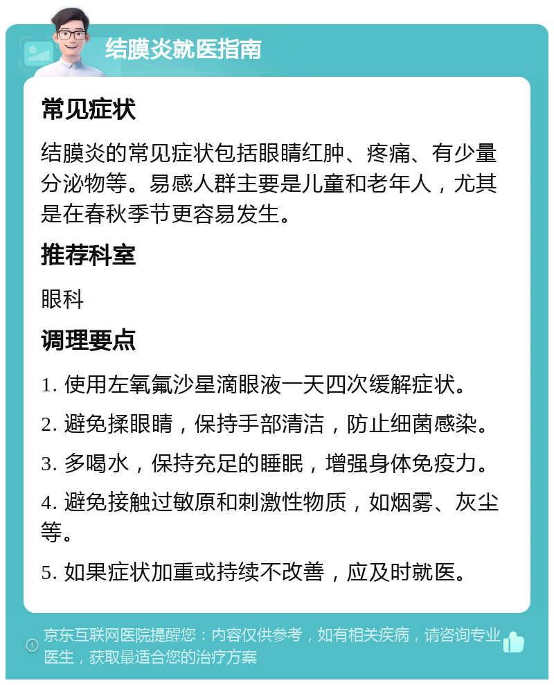 结膜炎就医指南 常见症状 结膜炎的常见症状包括眼睛红肿、疼痛、有少量分泌物等。易感人群主要是儿童和老年人，尤其是在春秋季节更容易发生。 推荐科室 眼科 调理要点 1. 使用左氧氟沙星滴眼液一天四次缓解症状。 2. 避免揉眼睛，保持手部清洁，防止细菌感染。 3. 多喝水，保持充足的睡眠，增强身体免疫力。 4. 避免接触过敏原和刺激性物质，如烟雾、灰尘等。 5. 如果症状加重或持续不改善，应及时就医。