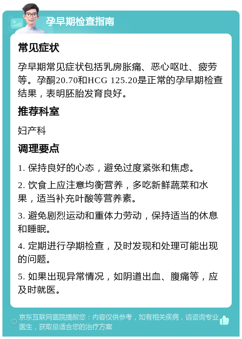 孕早期检查指南 常见症状 孕早期常见症状包括乳房胀痛、恶心呕吐、疲劳等。孕酮20.70和HCG 125.20是正常的孕早期检查结果，表明胚胎发育良好。 推荐科室 妇产科 调理要点 1. 保持良好的心态，避免过度紧张和焦虑。 2. 饮食上应注意均衡营养，多吃新鲜蔬菜和水果，适当补充叶酸等营养素。 3. 避免剧烈运动和重体力劳动，保持适当的休息和睡眠。 4. 定期进行孕期检查，及时发现和处理可能出现的问题。 5. 如果出现异常情况，如阴道出血、腹痛等，应及时就医。