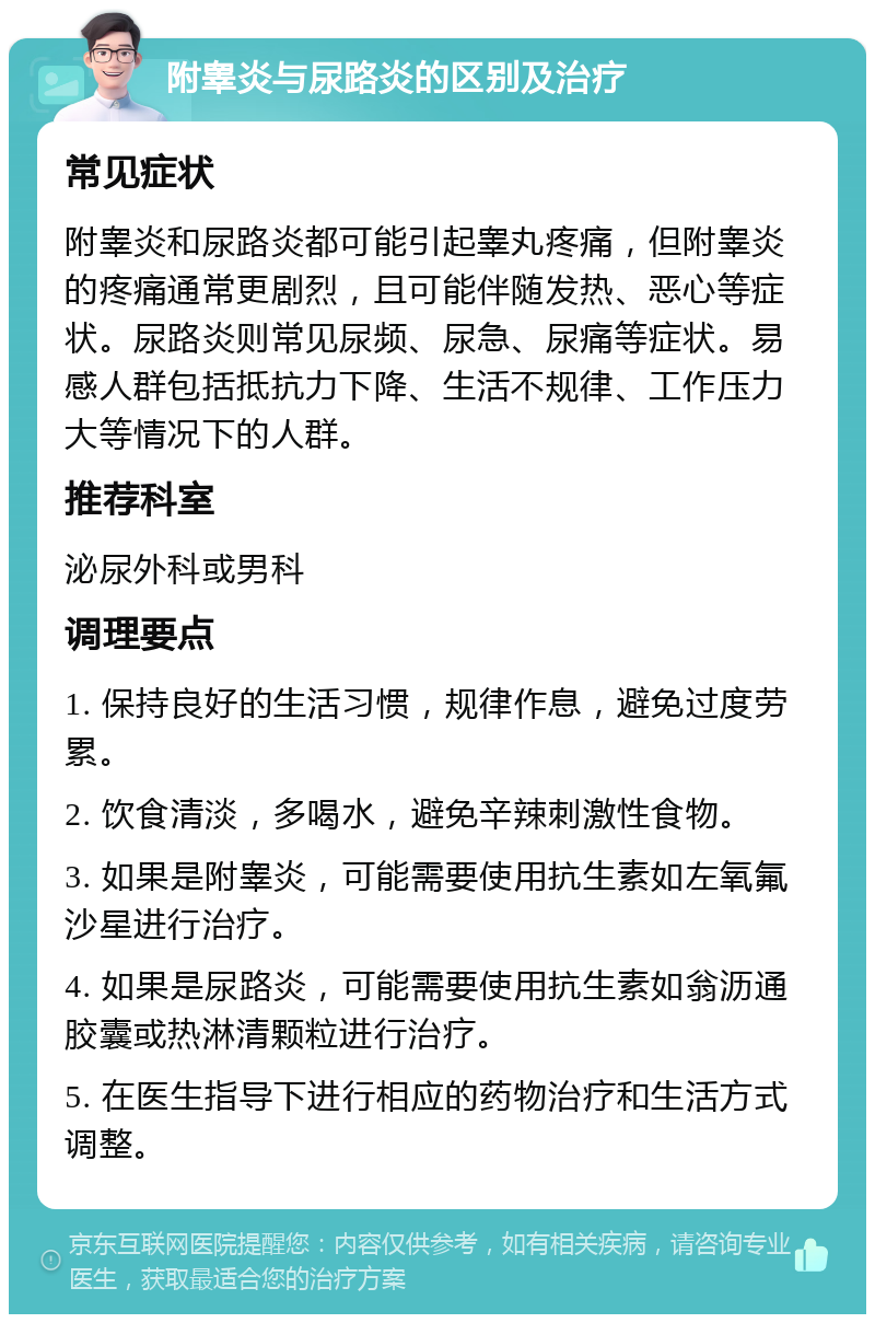 附睾炎与尿路炎的区别及治疗 常见症状 附睾炎和尿路炎都可能引起睾丸疼痛，但附睾炎的疼痛通常更剧烈，且可能伴随发热、恶心等症状。尿路炎则常见尿频、尿急、尿痛等症状。易感人群包括抵抗力下降、生活不规律、工作压力大等情况下的人群。 推荐科室 泌尿外科或男科 调理要点 1. 保持良好的生活习惯，规律作息，避免过度劳累。 2. 饮食清淡，多喝水，避免辛辣刺激性食物。 3. 如果是附睾炎，可能需要使用抗生素如左氧氟沙星进行治疗。 4. 如果是尿路炎，可能需要使用抗生素如翁沥通胶囊或热淋清颗粒进行治疗。 5. 在医生指导下进行相应的药物治疗和生活方式调整。