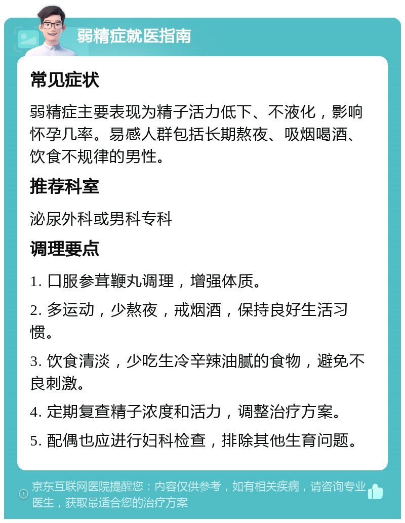 弱精症就医指南 常见症状 弱精症主要表现为精子活力低下、不液化，影响怀孕几率。易感人群包括长期熬夜、吸烟喝酒、饮食不规律的男性。 推荐科室 泌尿外科或男科专科 调理要点 1. 口服参茸鞭丸调理，增强体质。 2. 多运动，少熬夜，戒烟酒，保持良好生活习惯。 3. 饮食清淡，少吃生冷辛辣油腻的食物，避免不良刺激。 4. 定期复查精子浓度和活力，调整治疗方案。 5. 配偶也应进行妇科检查，排除其他生育问题。