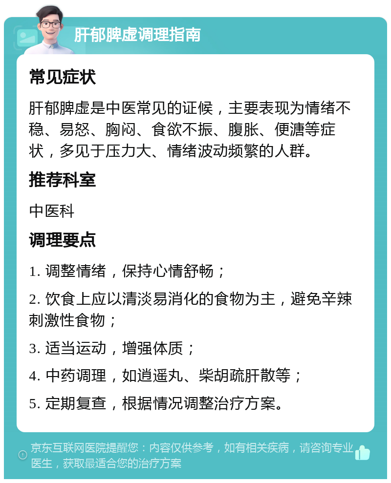 肝郁脾虚调理指南 常见症状 肝郁脾虚是中医常见的证候，主要表现为情绪不稳、易怒、胸闷、食欲不振、腹胀、便溏等症状，多见于压力大、情绪波动频繁的人群。 推荐科室 中医科 调理要点 1. 调整情绪，保持心情舒畅； 2. 饮食上应以清淡易消化的食物为主，避免辛辣刺激性食物； 3. 适当运动，增强体质； 4. 中药调理，如逍遥丸、柴胡疏肝散等； 5. 定期复查，根据情况调整治疗方案。