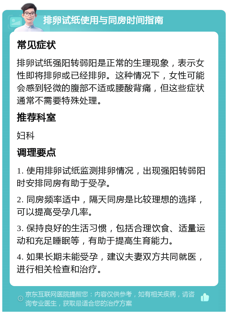 排卵试纸使用与同房时间指南 常见症状 排卵试纸强阳转弱阳是正常的生理现象，表示女性即将排卵或已经排卵。这种情况下，女性可能会感到轻微的腹部不适或腰酸背痛，但这些症状通常不需要特殊处理。 推荐科室 妇科 调理要点 1. 使用排卵试纸监测排卵情况，出现强阳转弱阳时安排同房有助于受孕。 2. 同房频率适中，隔天同房是比较理想的选择，可以提高受孕几率。 3. 保持良好的生活习惯，包括合理饮食、适量运动和充足睡眠等，有助于提高生育能力。 4. 如果长期未能受孕，建议夫妻双方共同就医，进行相关检查和治疗。