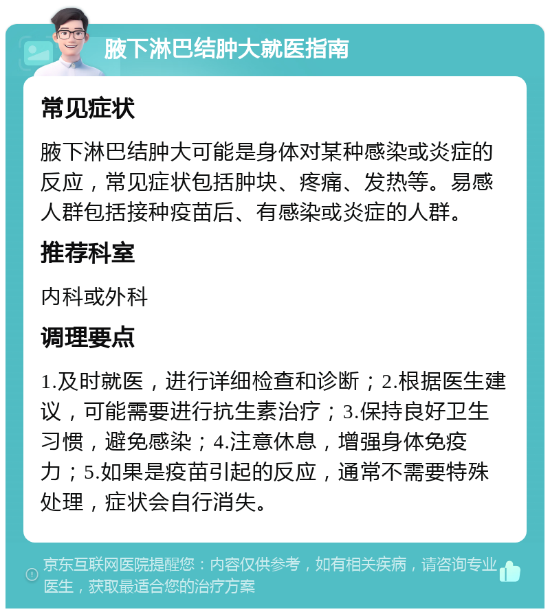 腋下淋巴结肿大就医指南 常见症状 腋下淋巴结肿大可能是身体对某种感染或炎症的反应，常见症状包括肿块、疼痛、发热等。易感人群包括接种疫苗后、有感染或炎症的人群。 推荐科室 内科或外科 调理要点 1.及时就医，进行详细检查和诊断；2.根据医生建议，可能需要进行抗生素治疗；3.保持良好卫生习惯，避免感染；4.注意休息，增强身体免疫力；5.如果是疫苗引起的反应，通常不需要特殊处理，症状会自行消失。