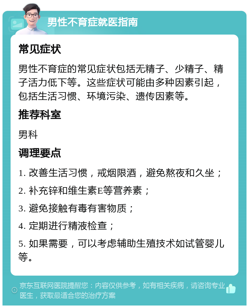 男性不育症就医指南 常见症状 男性不育症的常见症状包括无精子、少精子、精子活力低下等。这些症状可能由多种因素引起，包括生活习惯、环境污染、遗传因素等。 推荐科室 男科 调理要点 1. 改善生活习惯，戒烟限酒，避免熬夜和久坐； 2. 补充锌和维生素E等营养素； 3. 避免接触有毒有害物质； 4. 定期进行精液检查； 5. 如果需要，可以考虑辅助生殖技术如试管婴儿等。