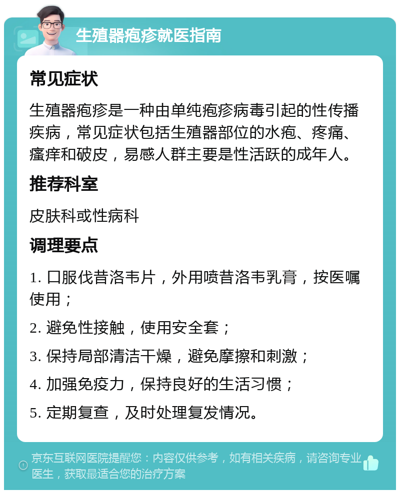 生殖器疱疹就医指南 常见症状 生殖器疱疹是一种由单纯疱疹病毒引起的性传播疾病，常见症状包括生殖器部位的水疱、疼痛、瘙痒和破皮，易感人群主要是性活跃的成年人。 推荐科室 皮肤科或性病科 调理要点 1. 口服伐昔洛韦片，外用喷昔洛韦乳膏，按医嘱使用； 2. 避免性接触，使用安全套； 3. 保持局部清洁干燥，避免摩擦和刺激； 4. 加强免疫力，保持良好的生活习惯； 5. 定期复查，及时处理复发情况。