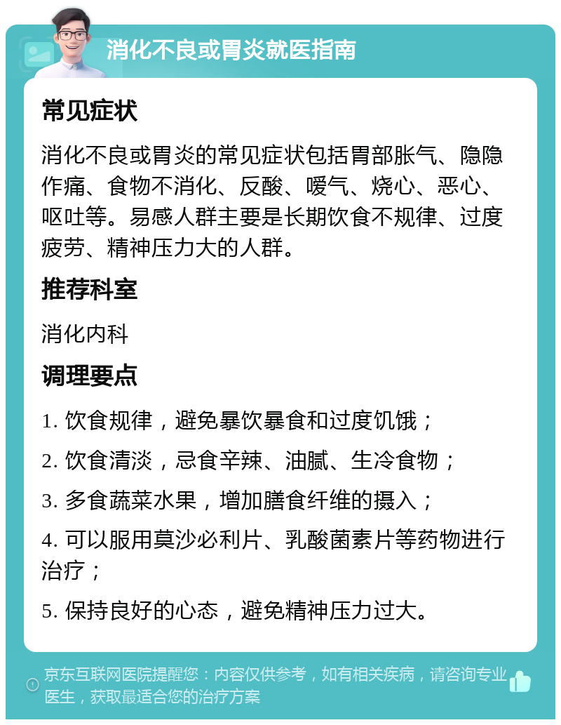 消化不良或胃炎就医指南 常见症状 消化不良或胃炎的常见症状包括胃部胀气、隐隐作痛、食物不消化、反酸、嗳气、烧心、恶心、呕吐等。易感人群主要是长期饮食不规律、过度疲劳、精神压力大的人群。 推荐科室 消化内科 调理要点 1. 饮食规律，避免暴饮暴食和过度饥饿； 2. 饮食清淡，忌食辛辣、油腻、生冷食物； 3. 多食蔬菜水果，增加膳食纤维的摄入； 4. 可以服用莫沙必利片、乳酸菌素片等药物进行治疗； 5. 保持良好的心态，避免精神压力过大。