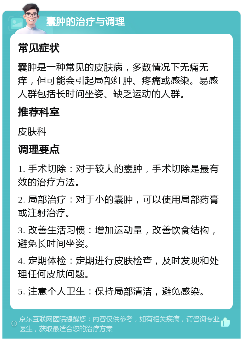 囊肿的治疗与调理 常见症状 囊肿是一种常见的皮肤病，多数情况下无痛无痒，但可能会引起局部红肿、疼痛或感染。易感人群包括长时间坐姿、缺乏运动的人群。 推荐科室 皮肤科 调理要点 1. 手术切除：对于较大的囊肿，手术切除是最有效的治疗方法。 2. 局部治疗：对于小的囊肿，可以使用局部药膏或注射治疗。 3. 改善生活习惯：增加运动量，改善饮食结构，避免长时间坐姿。 4. 定期体检：定期进行皮肤检查，及时发现和处理任何皮肤问题。 5. 注意个人卫生：保持局部清洁，避免感染。