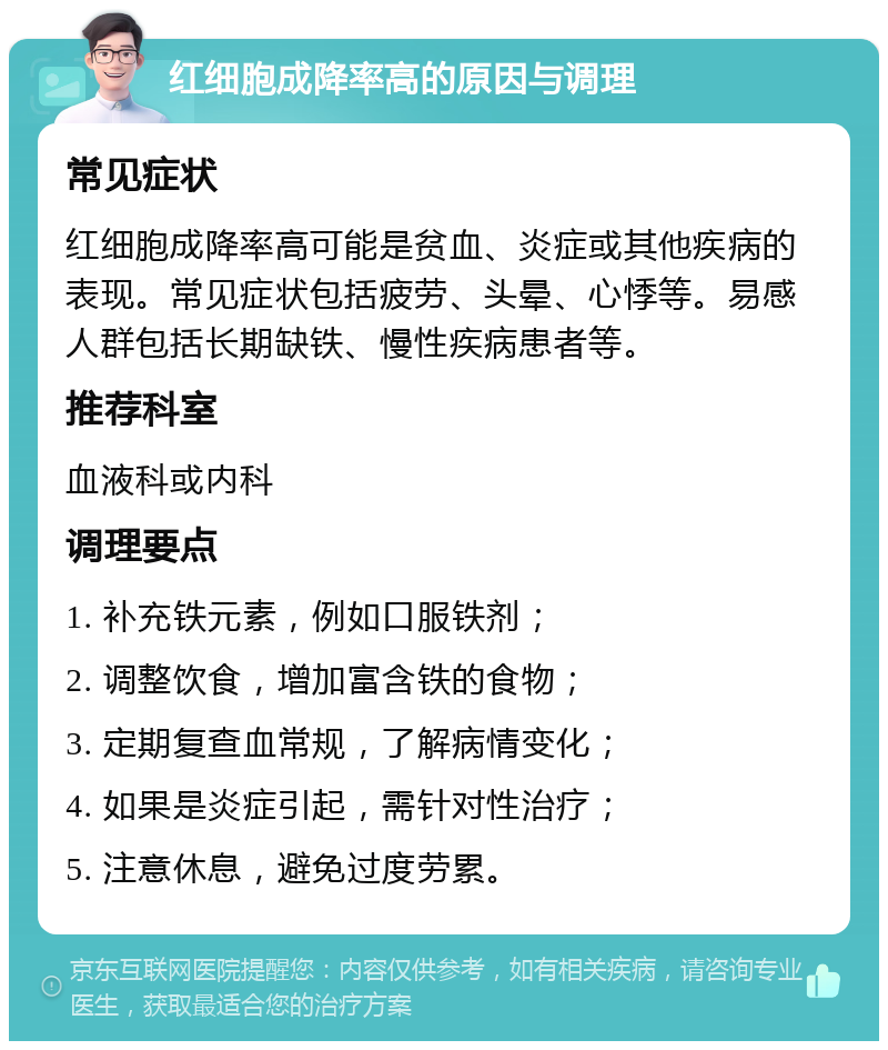 红细胞成降率高的原因与调理 常见症状 红细胞成降率高可能是贫血、炎症或其他疾病的表现。常见症状包括疲劳、头晕、心悸等。易感人群包括长期缺铁、慢性疾病患者等。 推荐科室 血液科或内科 调理要点 1. 补充铁元素，例如口服铁剂； 2. 调整饮食，增加富含铁的食物； 3. 定期复查血常规，了解病情变化； 4. 如果是炎症引起，需针对性治疗； 5. 注意休息，避免过度劳累。