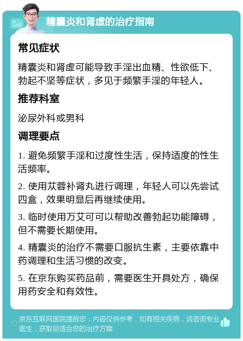 精囊炎和肾虚的治疗指南 常见症状 精囊炎和肾虚可能导致手淫出血精、性欲低下、勃起不坚等症状，多见于频繁手淫的年轻人。 推荐科室 泌尿外科或男科 调理要点 1. 避免频繁手淫和过度性生活，保持适度的性生活频率。 2. 使用苁蓉补肾丸进行调理，年轻人可以先尝试四盒，效果明显后再继续使用。 3. 临时使用万艾可可以帮助改善勃起功能障碍，但不需要长期使用。 4. 精囊炎的治疗不需要口服抗生素，主要依靠中药调理和生活习惯的改变。 5. 在京东购买药品前，需要医生开具处方，确保用药安全和有效性。