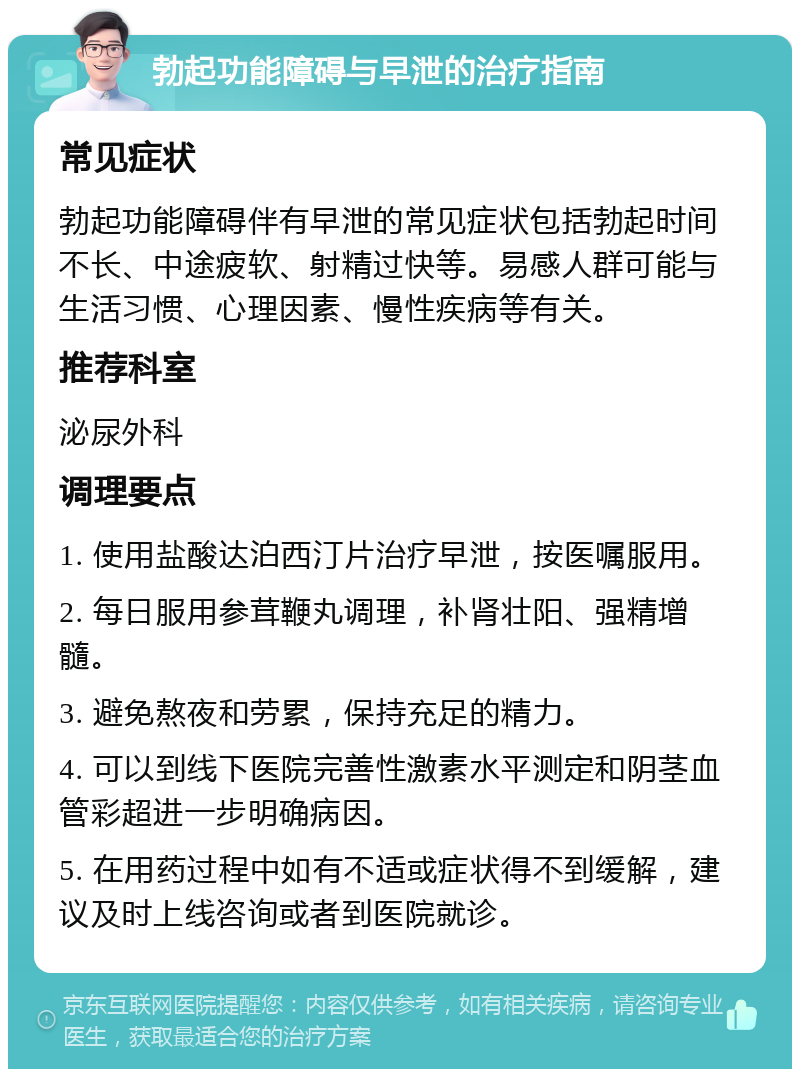 勃起功能障碍与早泄的治疗指南 常见症状 勃起功能障碍伴有早泄的常见症状包括勃起时间不长、中途疲软、射精过快等。易感人群可能与生活习惯、心理因素、慢性疾病等有关。 推荐科室 泌尿外科 调理要点 1. 使用盐酸达泊西汀片治疗早泄，按医嘱服用。 2. 每日服用参茸鞭丸调理，补肾壮阳、强精增髓。 3. 避免熬夜和劳累，保持充足的精力。 4. 可以到线下医院完善性激素水平测定和阴茎血管彩超进一步明确病因。 5. 在用药过程中如有不适或症状得不到缓解，建议及时上线咨询或者到医院就诊。