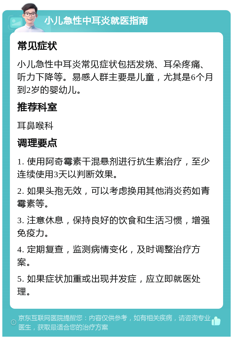 小儿急性中耳炎就医指南 常见症状 小儿急性中耳炎常见症状包括发烧、耳朵疼痛、听力下降等。易感人群主要是儿童，尤其是6个月到2岁的婴幼儿。 推荐科室 耳鼻喉科 调理要点 1. 使用阿奇霉素干混悬剂进行抗生素治疗，至少连续使用3天以判断效果。 2. 如果头孢无效，可以考虑换用其他消炎药如青霉素等。 3. 注意休息，保持良好的饮食和生活习惯，增强免疫力。 4. 定期复查，监测病情变化，及时调整治疗方案。 5. 如果症状加重或出现并发症，应立即就医处理。