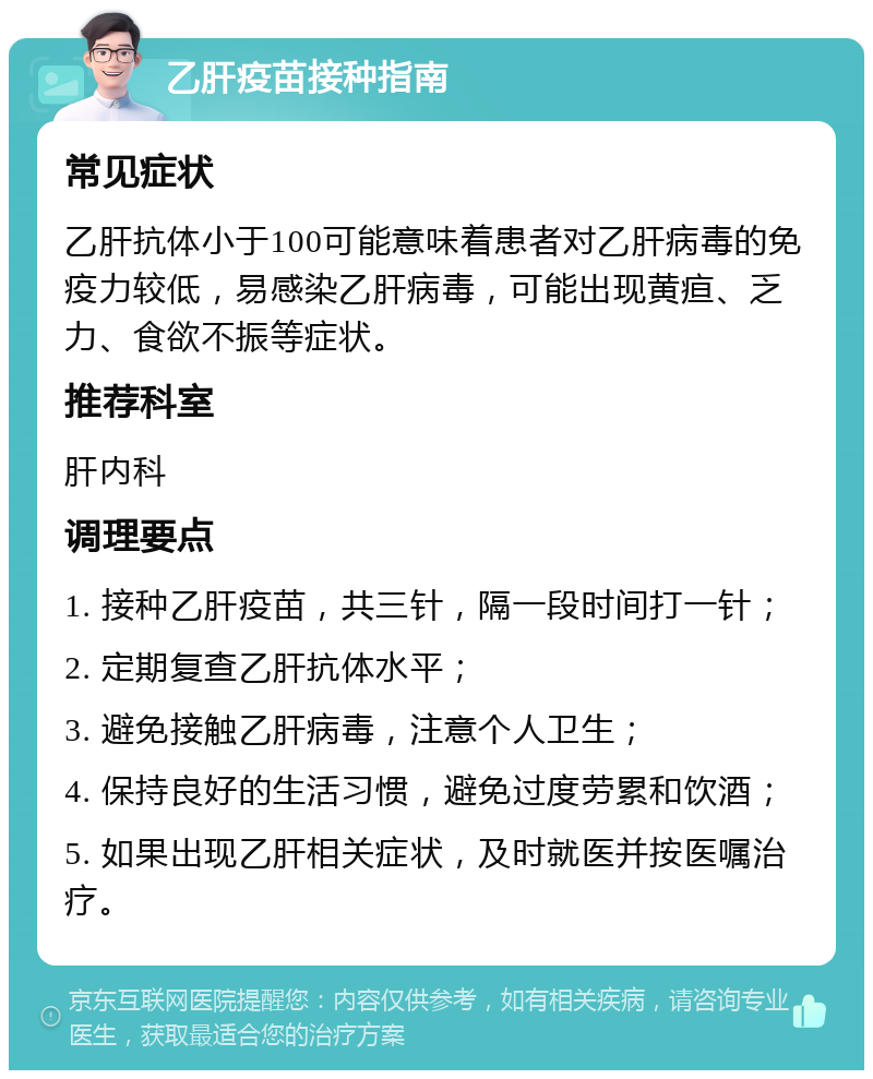 乙肝疫苗接种指南 常见症状 乙肝抗体小于100可能意味着患者对乙肝病毒的免疫力较低，易感染乙肝病毒，可能出现黄疸、乏力、食欲不振等症状。 推荐科室 肝内科 调理要点 1. 接种乙肝疫苗，共三针，隔一段时间打一针； 2. 定期复查乙肝抗体水平； 3. 避免接触乙肝病毒，注意个人卫生； 4. 保持良好的生活习惯，避免过度劳累和饮酒； 5. 如果出现乙肝相关症状，及时就医并按医嘱治疗。