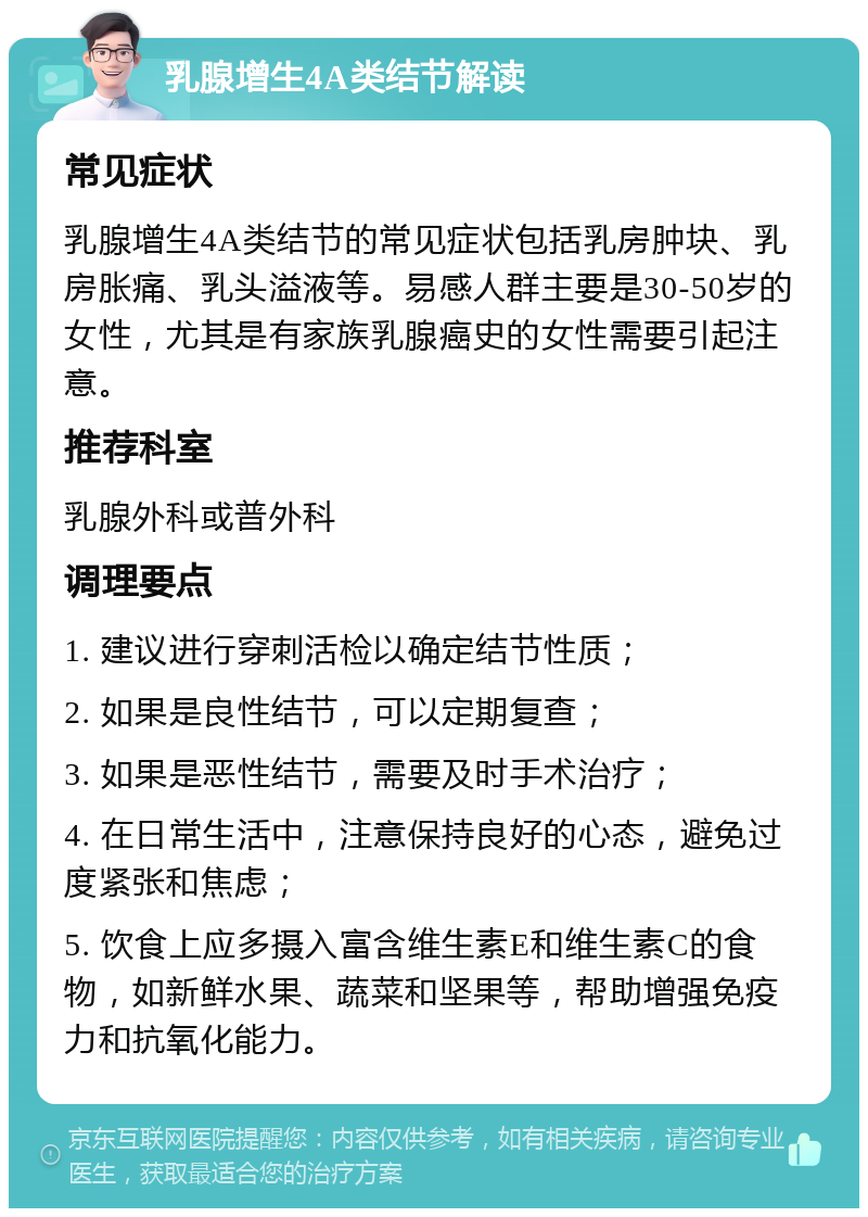 乳腺增生4A类结节解读 常见症状 乳腺增生4A类结节的常见症状包括乳房肿块、乳房胀痛、乳头溢液等。易感人群主要是30-50岁的女性，尤其是有家族乳腺癌史的女性需要引起注意。 推荐科室 乳腺外科或普外科 调理要点 1. 建议进行穿刺活检以确定结节性质； 2. 如果是良性结节，可以定期复查； 3. 如果是恶性结节，需要及时手术治疗； 4. 在日常生活中，注意保持良好的心态，避免过度紧张和焦虑； 5. 饮食上应多摄入富含维生素E和维生素C的食物，如新鲜水果、蔬菜和坚果等，帮助增强免疫力和抗氧化能力。