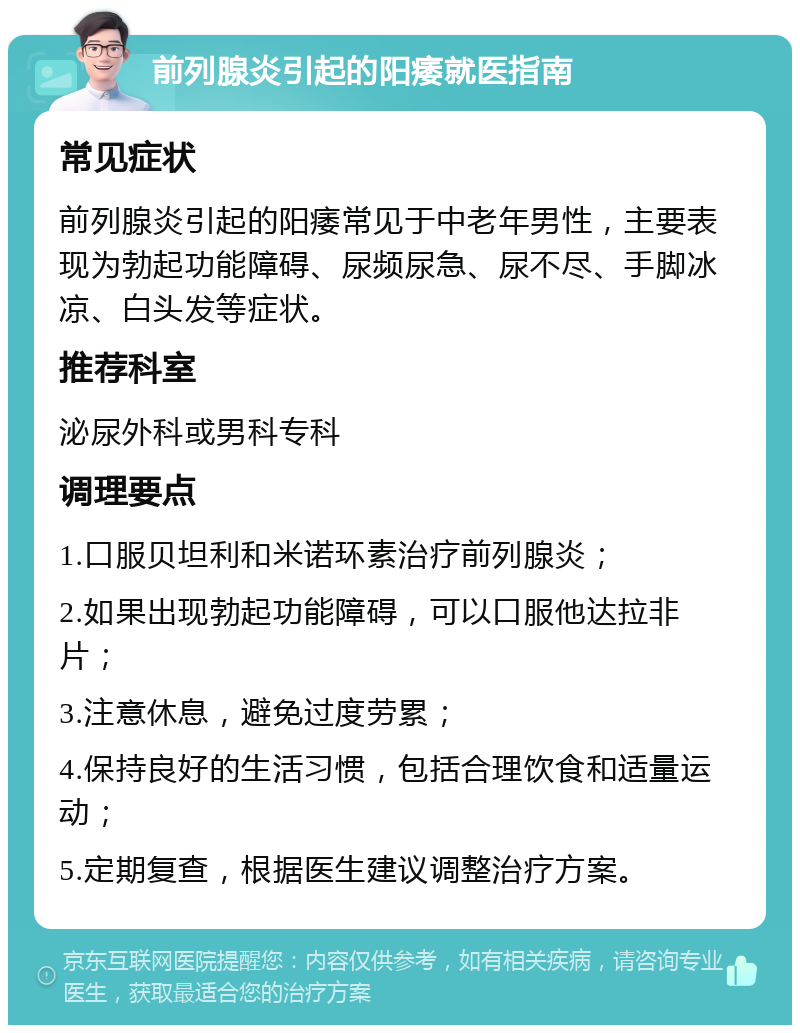 前列腺炎引起的阳痿就医指南 常见症状 前列腺炎引起的阳痿常见于中老年男性，主要表现为勃起功能障碍、尿频尿急、尿不尽、手脚冰凉、白头发等症状。 推荐科室 泌尿外科或男科专科 调理要点 1.口服贝坦利和米诺环素治疗前列腺炎； 2.如果出现勃起功能障碍，可以口服他达拉非片； 3.注意休息，避免过度劳累； 4.保持良好的生活习惯，包括合理饮食和适量运动； 5.定期复查，根据医生建议调整治疗方案。