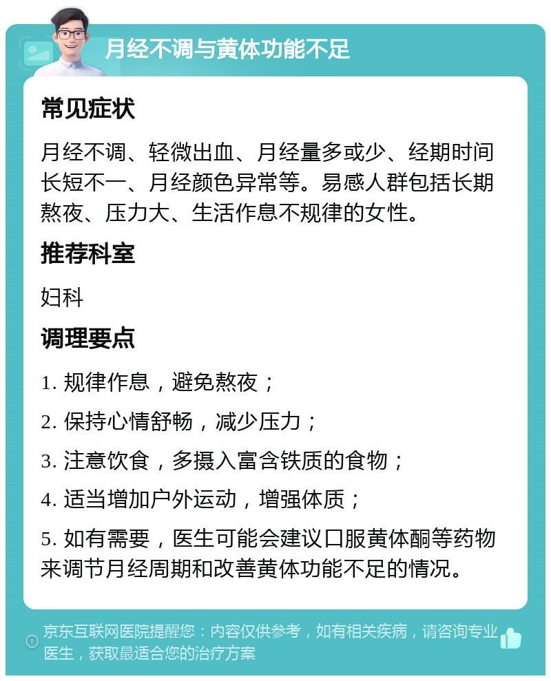 月经不调与黄体功能不足 常见症状 月经不调、轻微出血、月经量多或少、经期时间长短不一、月经颜色异常等。易感人群包括长期熬夜、压力大、生活作息不规律的女性。 推荐科室 妇科 调理要点 1. 规律作息，避免熬夜； 2. 保持心情舒畅，减少压力； 3. 注意饮食，多摄入富含铁质的食物； 4. 适当增加户外运动，增强体质； 5. 如有需要，医生可能会建议口服黄体酮等药物来调节月经周期和改善黄体功能不足的情况。