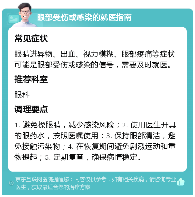 眼部受伤或感染的就医指南 常见症状 眼睛进异物、出血、视力模糊、眼部疼痛等症状可能是眼部受伤或感染的信号，需要及时就医。 推荐科室 眼科 调理要点 1. 避免揉眼睛，减少感染风险；2. 使用医生开具的眼药水，按照医嘱使用；3. 保持眼部清洁，避免接触污染物；4. 在恢复期间避免剧烈运动和重物提起；5. 定期复查，确保病情稳定。