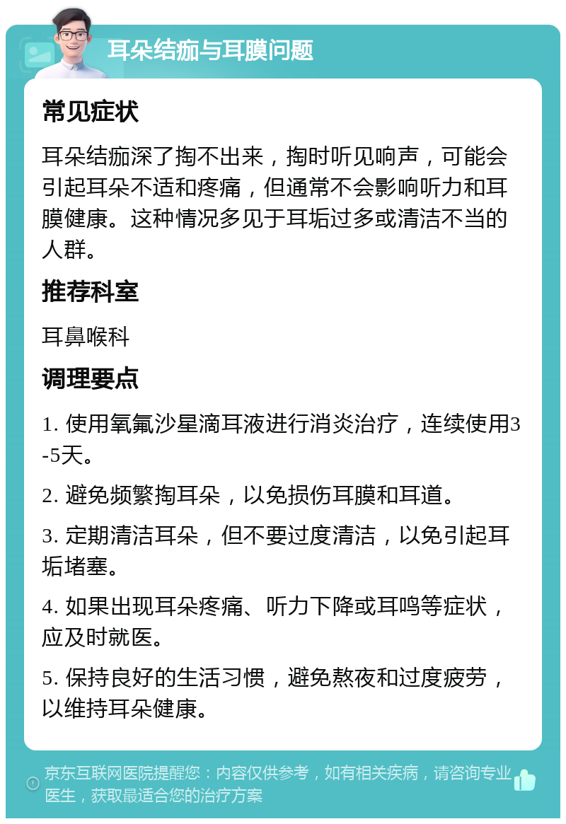 耳朵结痂与耳膜问题 常见症状 耳朵结痂深了掏不出来，掏时听见响声，可能会引起耳朵不适和疼痛，但通常不会影响听力和耳膜健康。这种情况多见于耳垢过多或清洁不当的人群。 推荐科室 耳鼻喉科 调理要点 1. 使用氧氟沙星滴耳液进行消炎治疗，连续使用3-5天。 2. 避免频繁掏耳朵，以免损伤耳膜和耳道。 3. 定期清洁耳朵，但不要过度清洁，以免引起耳垢堵塞。 4. 如果出现耳朵疼痛、听力下降或耳鸣等症状，应及时就医。 5. 保持良好的生活习惯，避免熬夜和过度疲劳，以维持耳朵健康。