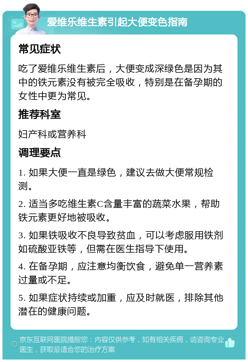 爱维乐维生素引起大便变色指南 常见症状 吃了爱维乐维生素后，大便变成深绿色是因为其中的铁元素没有被完全吸收，特别是在备孕期的女性中更为常见。 推荐科室 妇产科或营养科 调理要点 1. 如果大便一直是绿色，建议去做大便常规检测。 2. 适当多吃维生素C含量丰富的蔬菜水果，帮助铁元素更好地被吸收。 3. 如果铁吸收不良导致贫血，可以考虑服用铁剂如硫酸亚铁等，但需在医生指导下使用。 4. 在备孕期，应注意均衡饮食，避免单一营养素过量或不足。 5. 如果症状持续或加重，应及时就医，排除其他潜在的健康问题。