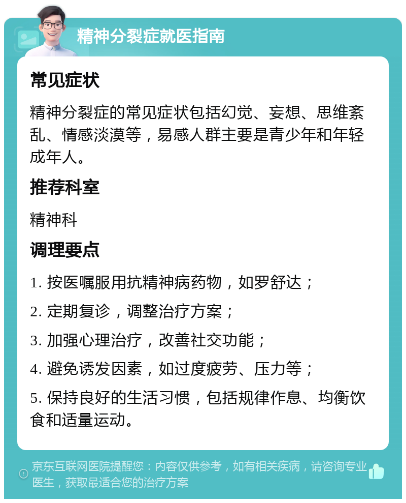 精神分裂症就医指南 常见症状 精神分裂症的常见症状包括幻觉、妄想、思维紊乱、情感淡漠等，易感人群主要是青少年和年轻成年人。 推荐科室 精神科 调理要点 1. 按医嘱服用抗精神病药物，如罗舒达； 2. 定期复诊，调整治疗方案； 3. 加强心理治疗，改善社交功能； 4. 避免诱发因素，如过度疲劳、压力等； 5. 保持良好的生活习惯，包括规律作息、均衡饮食和适量运动。