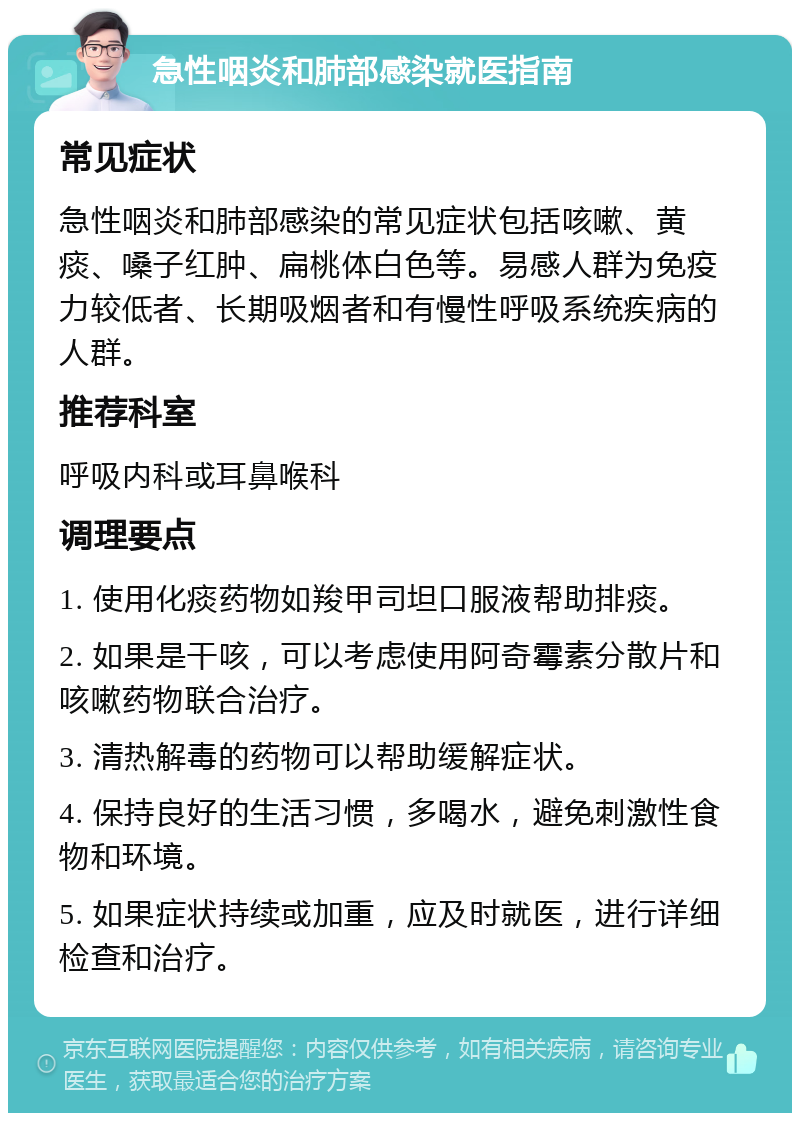 急性咽炎和肺部感染就医指南 常见症状 急性咽炎和肺部感染的常见症状包括咳嗽、黄痰、嗓子红肿、扁桃体白色等。易感人群为免疫力较低者、长期吸烟者和有慢性呼吸系统疾病的人群。 推荐科室 呼吸内科或耳鼻喉科 调理要点 1. 使用化痰药物如羧甲司坦口服液帮助排痰。 2. 如果是干咳，可以考虑使用阿奇霉素分散片和咳嗽药物联合治疗。 3. 清热解毒的药物可以帮助缓解症状。 4. 保持良好的生活习惯，多喝水，避免刺激性食物和环境。 5. 如果症状持续或加重，应及时就医，进行详细检查和治疗。