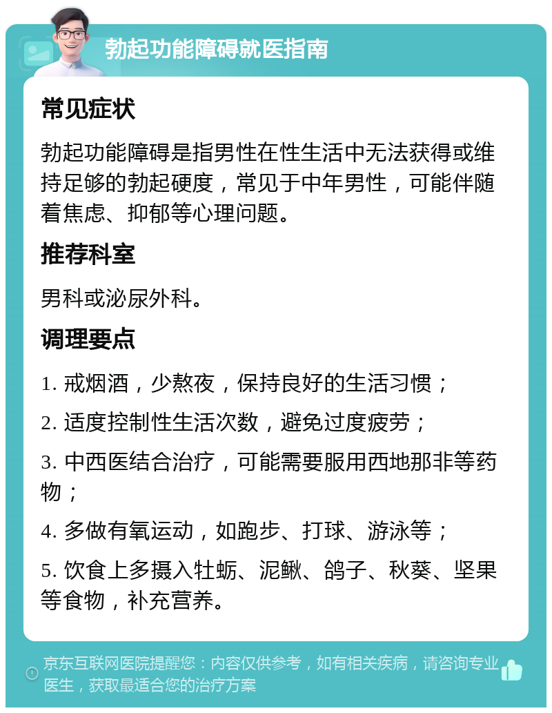 勃起功能障碍就医指南 常见症状 勃起功能障碍是指男性在性生活中无法获得或维持足够的勃起硬度，常见于中年男性，可能伴随着焦虑、抑郁等心理问题。 推荐科室 男科或泌尿外科。 调理要点 1. 戒烟酒，少熬夜，保持良好的生活习惯； 2. 适度控制性生活次数，避免过度疲劳； 3. 中西医结合治疗，可能需要服用西地那非等药物； 4. 多做有氧运动，如跑步、打球、游泳等； 5. 饮食上多摄入牡蛎、泥鳅、鸽子、秋葵、坚果等食物，补充营养。