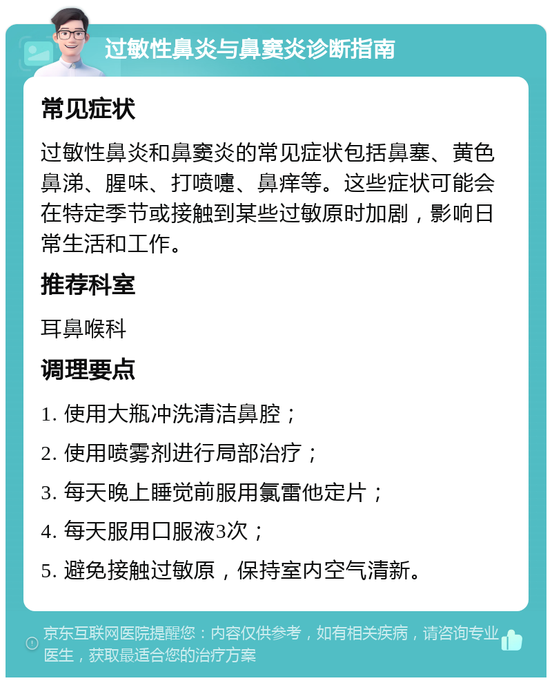 过敏性鼻炎与鼻窦炎诊断指南 常见症状 过敏性鼻炎和鼻窦炎的常见症状包括鼻塞、黄色鼻涕、腥味、打喷嚏、鼻痒等。这些症状可能会在特定季节或接触到某些过敏原时加剧，影响日常生活和工作。 推荐科室 耳鼻喉科 调理要点 1. 使用大瓶冲洗清洁鼻腔； 2. 使用喷雾剂进行局部治疗； 3. 每天晚上睡觉前服用氯雷他定片； 4. 每天服用口服液3次； 5. 避免接触过敏原，保持室内空气清新。