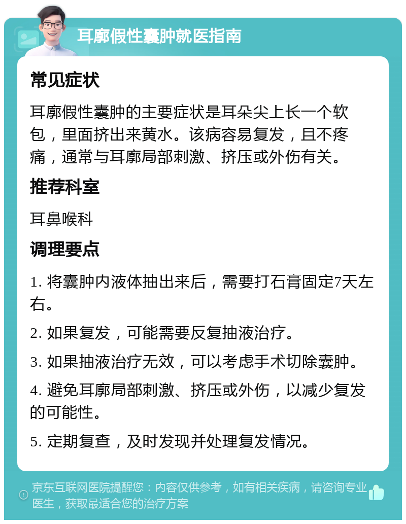 耳廓假性囊肿就医指南 常见症状 耳廓假性囊肿的主要症状是耳朵尖上长一个软包，里面挤出来黄水。该病容易复发，且不疼痛，通常与耳廓局部刺激、挤压或外伤有关。 推荐科室 耳鼻喉科 调理要点 1. 将囊肿内液体抽出来后，需要打石膏固定7天左右。 2. 如果复发，可能需要反复抽液治疗。 3. 如果抽液治疗无效，可以考虑手术切除囊肿。 4. 避免耳廓局部刺激、挤压或外伤，以减少复发的可能性。 5. 定期复查，及时发现并处理复发情况。